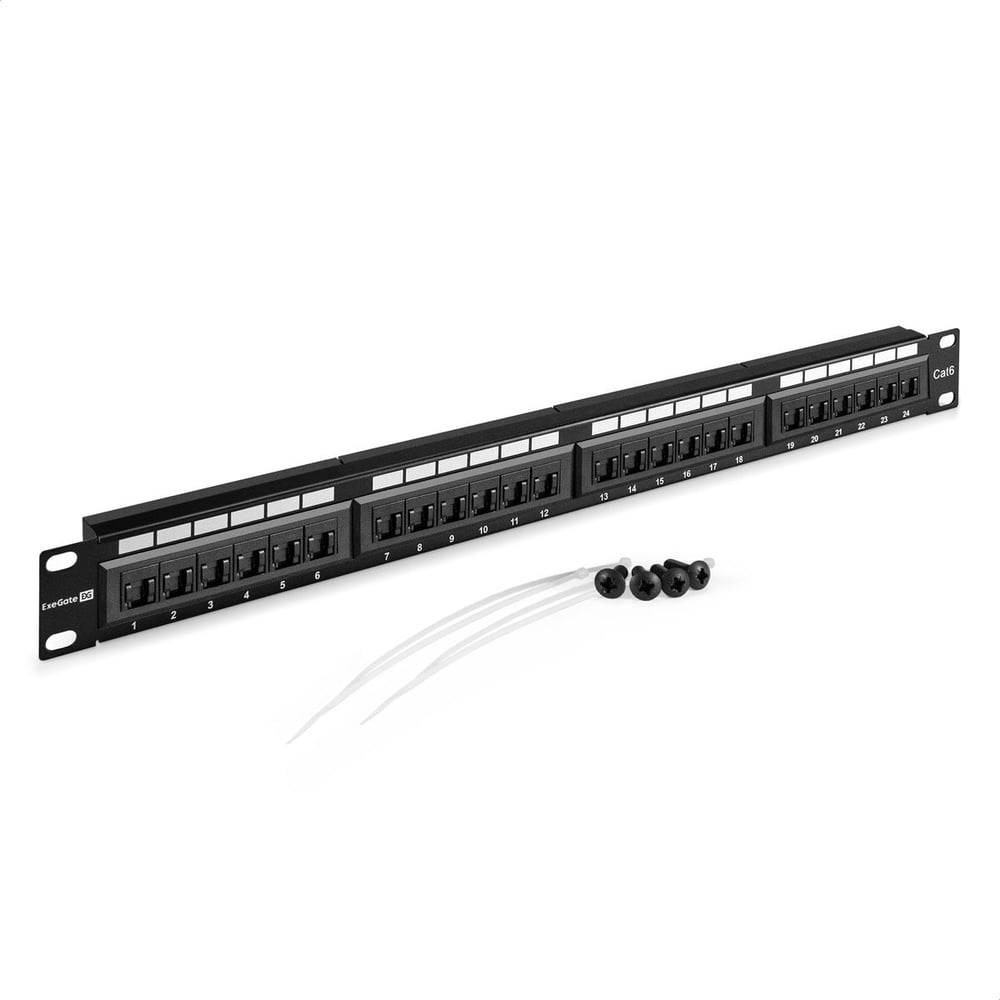 Изображение товара Патч-панель ExeGate EPP3-19-24-8P8C-C6-110D-C 19", UTP, 24 port, cat.6, KRONE 110 dual IDC, 1U, RoHS, с кабельным органайзером и защитными шторками, Black 297317
