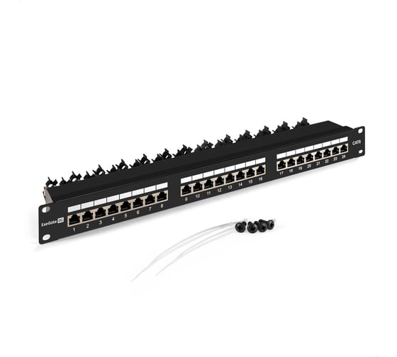 Изображение товара Патч-панель ExeGate EPP3-19-24-8P8C-110D-STP90 19", STP, 24 port, cat.6, KRONE 110 dual IDC, 90 градусов, 1U, RoHS, с кабельным органайзером, Black, RTL 297318