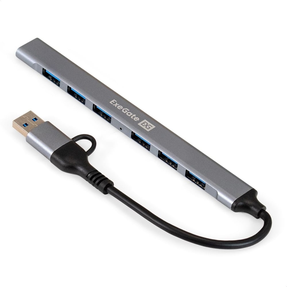 Изображение товара USB-Хаб концентратор 7-в-1 ExeGate DUB-761C3 кабель-адаптер USB Type-A + Type-C 6xUSB2.0, 1xUSB3.0, Plug Play, серебристый 299790