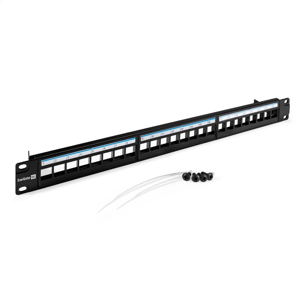Патч-панель модульная ExeGate EPPB-19-24 19", UTP, 24 port, наборная, неэкранированная, 1U, RoHS, с кабельным органайзером, Black, RTL 297320