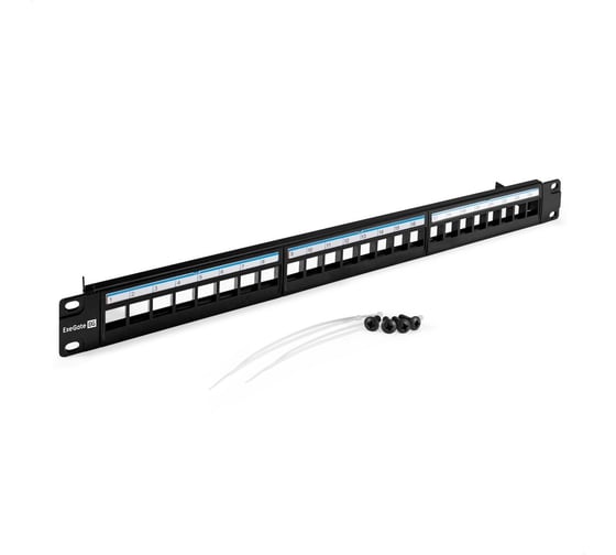 Изображение товара Патч-панель модульная ExeGate EPPB-19-24 19", UTP, 24 port, наборная, неэкранированная, 1U, RoHS, с кабельным органайзером, Black, RTL 297320