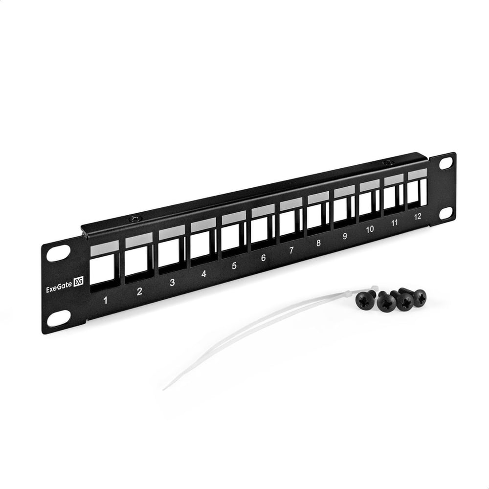 Изображение товара Патч-панель модульная ExeGate EPPB-10-12 10", UTP, 12 port, наборная, неэкранированная, 1U, RoHS, Black, RTL 297322