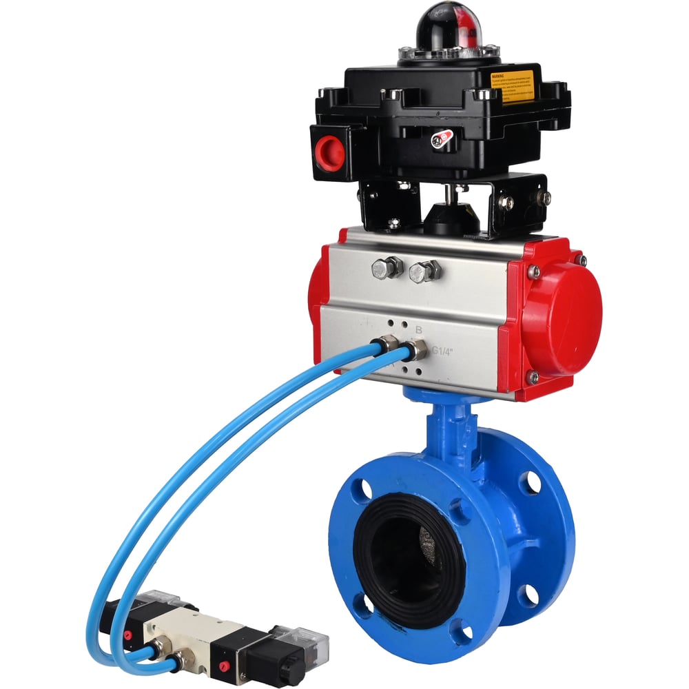 Затвор DN.ru GGG40-GGG40-EPDM-2W-F-H Ду125 Ру16, с пневмоприводом DA-130, пневмораспределитель PND1-T08-220VAC NAMUR, БКВ LSB-410 D050-106790