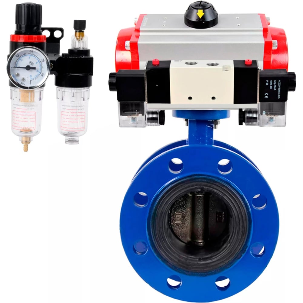 Затвор DN.ru GGG40-304-EPDM-2W-F-H Ду125 Ру16, с пневмоприводом DA-130, пневмораспределитель PND1-T08-220VAC NAMUR, БПВ D050-106986