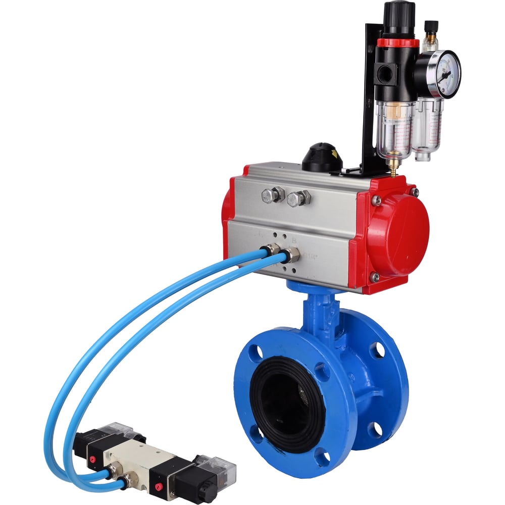 Затвор DN.ru GGG40-GGG40-EPDM-2W-F-H Ду125 Ру16, с пневмоприводом DA-130, пневмораспределитель PND1-T10-220VAC NAMUR, БПВ D050-106867