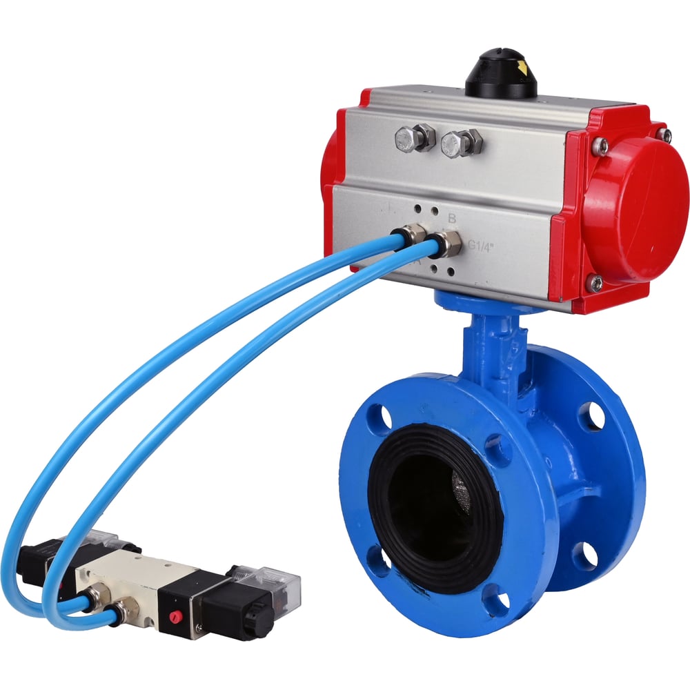 Затвор DN.ru GGG40-GGG40-EPDM-2W-F-H Ду125 Ру16, с пневмоприводом DA-130, пневмораспределитель PND1-T10-220VAC NAMUR D050-106860