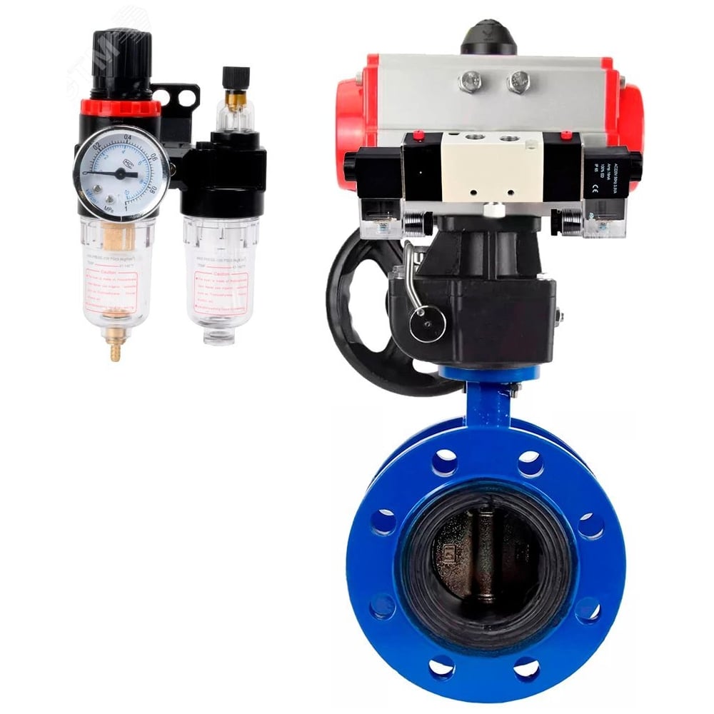 Затвор DN.ru GGG40-304-EPDM-2W-F-H Ду125 Ру16, с пневмоприводом DA-130, пневмораспределитель PND1-T10-220VAC NAMUR, РД HDM-3, БПВ D050-107196