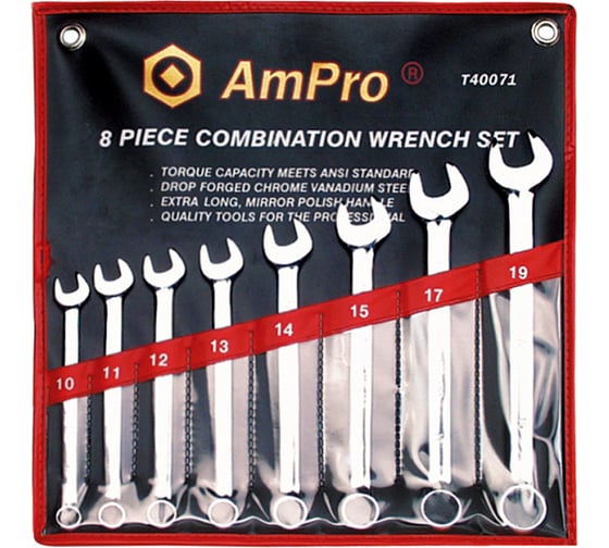 Изображение товара Набор комбинированных ключей 8 предметов 10-19 мм AmPro T40071