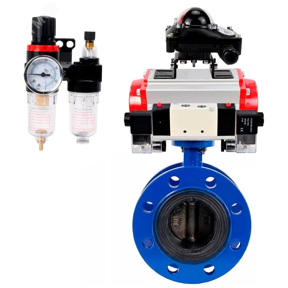 Затвор DN.ru GGG40-304-EPDM-2W-F Ду300 Ру16, с пневмоприводом DA-210, пневмораспределитель PND1-T08-220VAC NAMUR, БКВ LSB-210, БПВ D050-104535