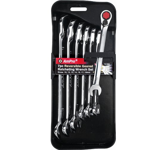 Изображение товара Набор комбинированных ключей AmPro с храповиком 10-19 мм 7 предметов T41683
