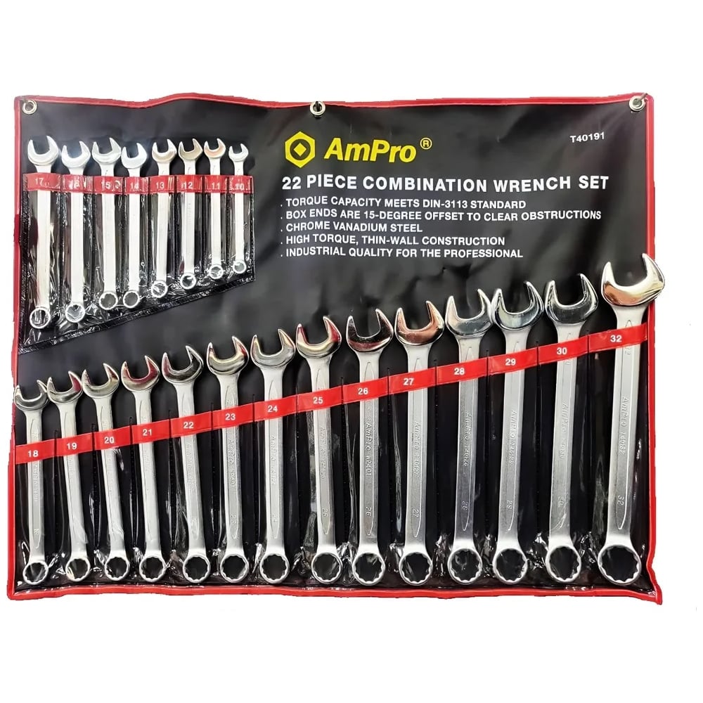 Изображение товара Набор комбинированных ключей AmPro 22 предмета 10-32 мм CrV хромирование