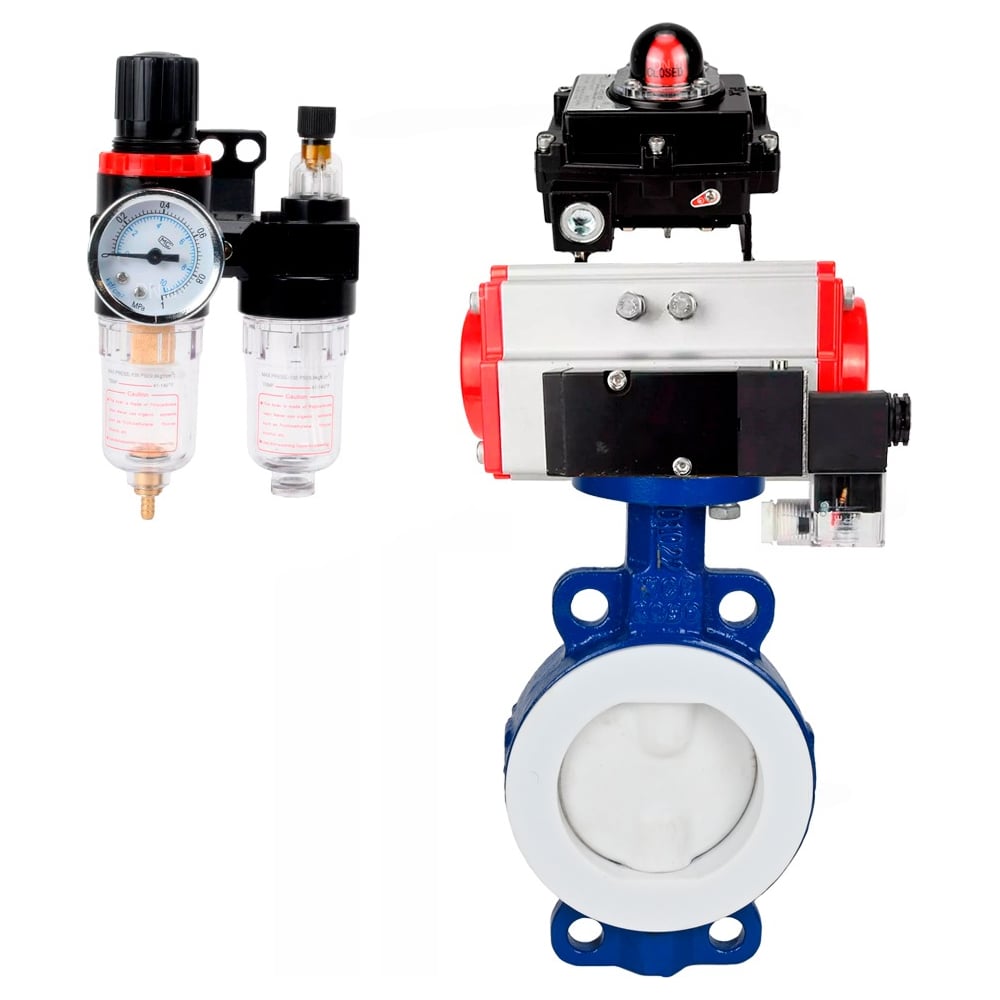 Затвор DN.ru WCB-WCB-PTFE-PTFE-Fb-H Ду100 Ру16 с пн.прив SA-130, пн.расп PND2-S1EM-52-1NC-J08-24VDC, БКВ LSB-410 и БПВ D050-92016