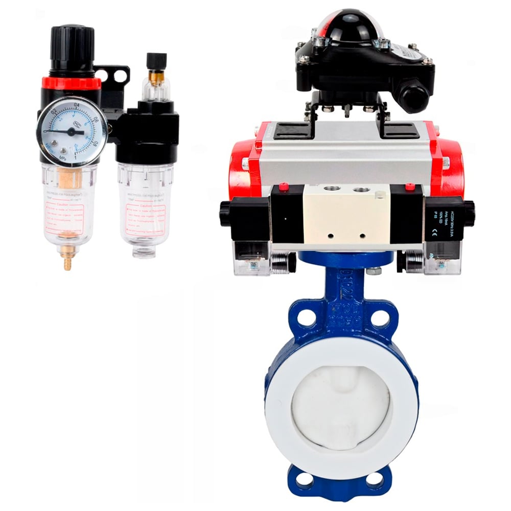 Затвор DN.ru WCB-WCB-PTFE-PTFE-Fb-H Ду100 Ру16 с пн.прив SA-130, пн.расп PND1-S2EM-52-2-T08-220VAC, БКВ LSB-210 и БПВ D050-92028