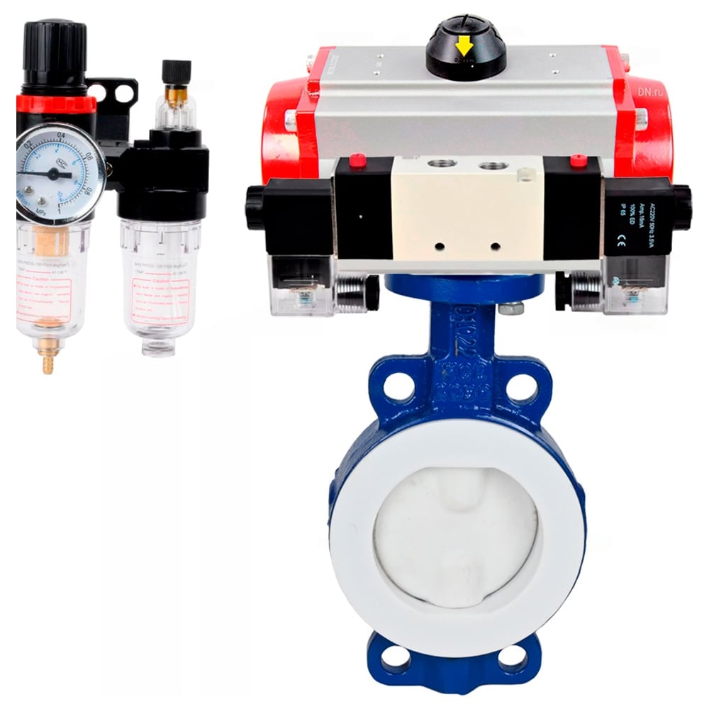 Затвор DN.ru WCB-WCB-PTFE-PTFE-Fb-H Ду100 Ру16 с пн.прив SA-130, пн.расп PND1-S2EM-52-2-T10-220VAC и БПВ D050-92054