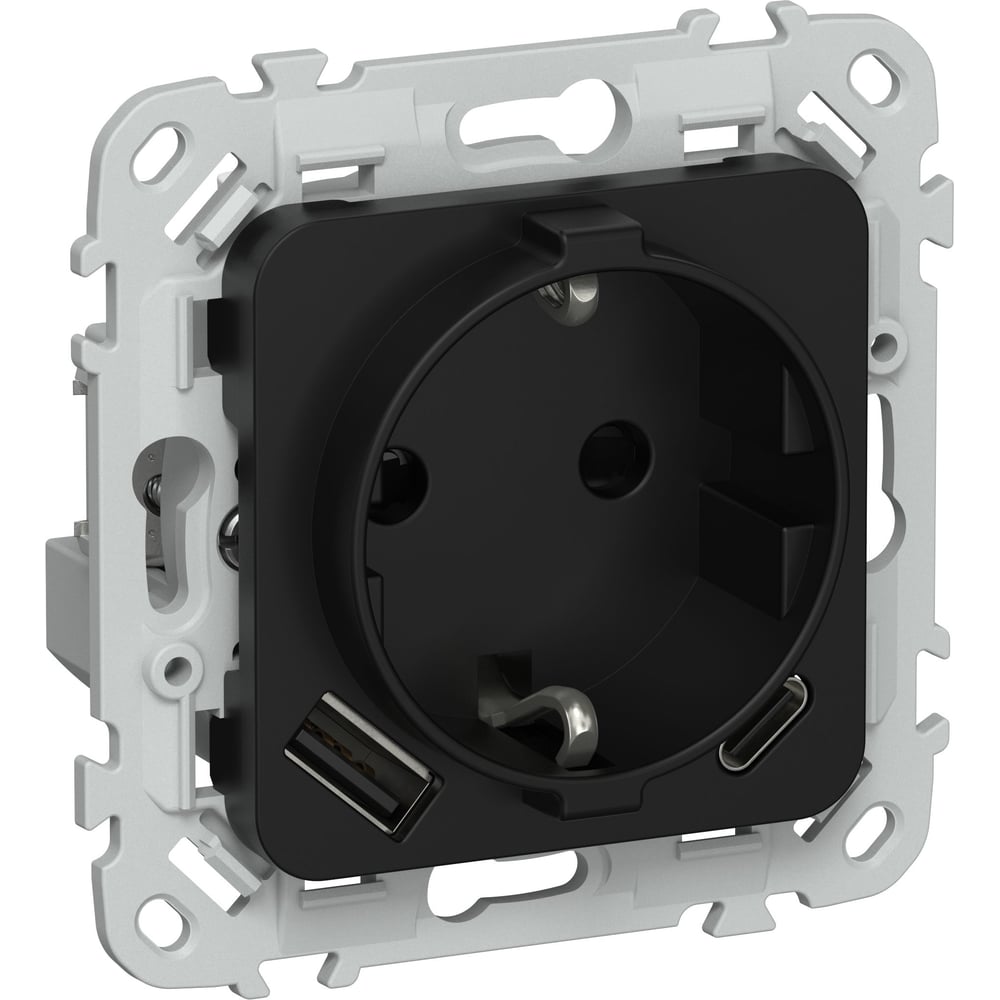 Розетка 1-местная с заземлением с защитными шторками IEK FLITE 16А с USB A+C 20Вт РСЮшс11-0-ФлЧ черный FI-R14-16-U22-020-K02