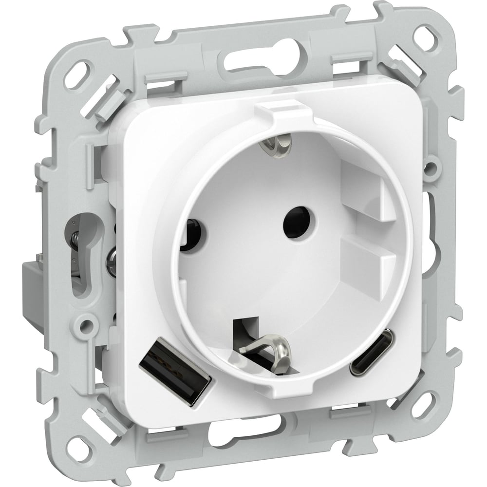 Розетка 1-местная с заземлением с защитными шторками IEK FLITE 16А с USB A+C 20Вт РСЮшс11-0-ФлБ белый FI-R14-16-U22-020-K01