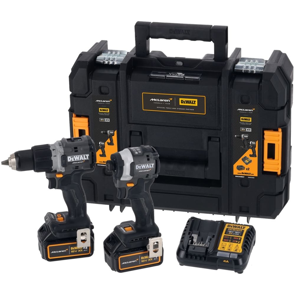 Аккумуляторный набор Dewalt McLaren Limited Edition DCK200MM2T: дрель-шуруповерт + шуруповерт, с 2 АКБ 4 Ач и ЗУ, в кейсе TSTAK DCK200MM2T-QW