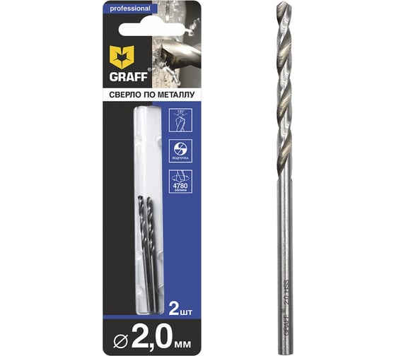 Изображение товара Сверло GRAFF по металлу 2,0 мм, 2 шт. в блистере 722049