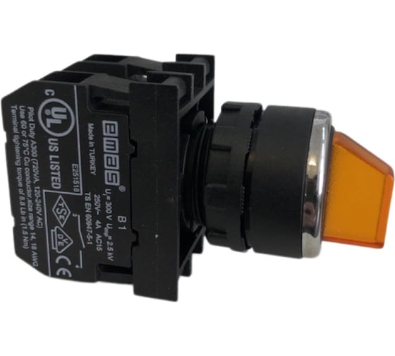 Изображение товара Переключатель Emas 0-1 с фиксацией жёлтый 1НО+1НЗ B102SL20S