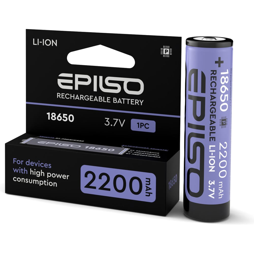 Изображение товара Аккумулятор Epilso 18650 2200mAh 3.7V 1pcs/box с защитой EPB-18650-2.2-WP Изображение товара Аккумулятор Epilso 18650 2200mAh 3.7V 1pcs/box с защитой EPB-18650-2.2-WP