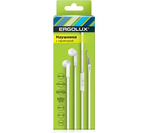 Изображение товара Наушники вкладыши с микрофоном проводные Ergolux Elx-whp02-c01 (3.5мм, 1,2м, белые, коробка) 15283