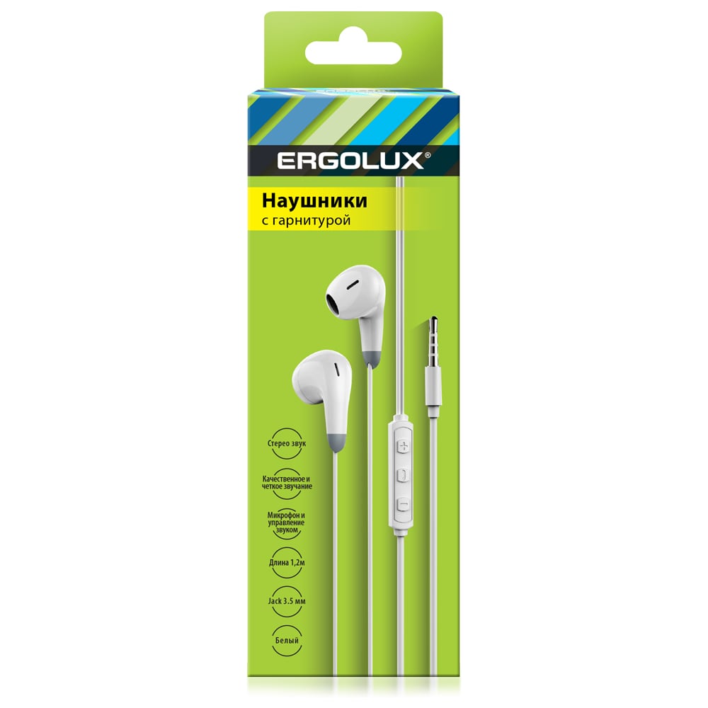 Изображение товара Наушники вкладыши с микрофоном проводные Ergolux Elx-whp01-c01 (3.5мм, 1,2м, белые, коробка) 15281