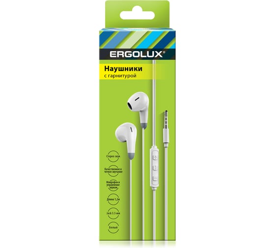 Изображение товара Наушники вкладыши с микрофоном проводные Ergolux Elx-whp01-c01 (3.5мм, 1,2м, белые, коробка) 15281
