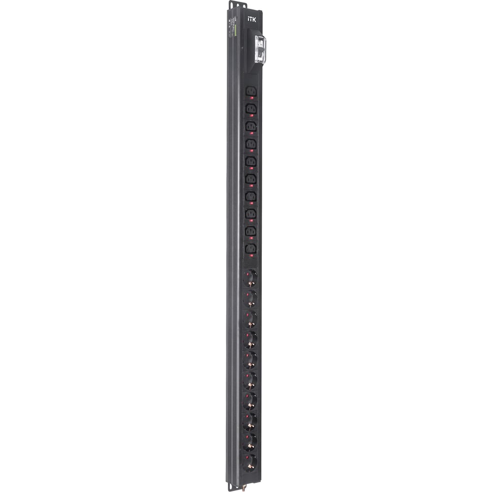 Вертикальный блок розеток ITK BASE PDU PV1101 24U 1 фаза 16А 10 розеток SCHUKO (немецкий стандарт) + 10 розеток C13 без кабеля с входным разъемом C20 BS-PV70-10D-10C13-11