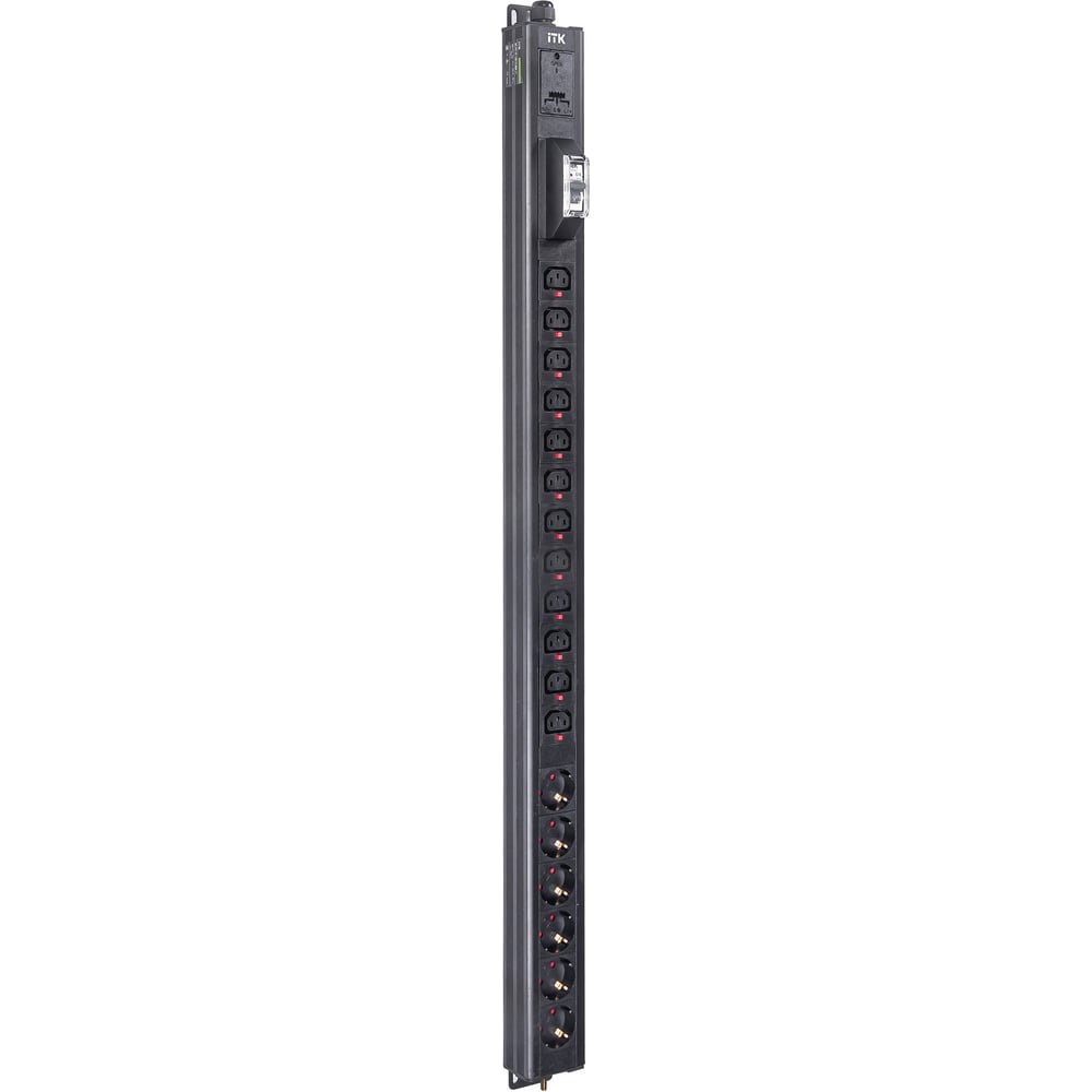 Вертикальный блок розеток ITK BASE PDU PV1111 23U 1 фаза 16А 6 розеток SCHUKO (немецкий стандарт) + 12 розеток C13 с клеммной колодкой и кабелем 3м вилка IEC60309 (промышленная) BS-PV-43-12C13-06D-11