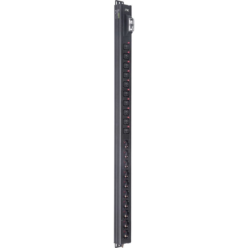 Вертикальный блок розеток ITK BASE PDU PV1101 24U 1 фаза 16А 10 розеток SCHUKO (немецкий стандарт) + 10 розеток C19 без кабеля с входным разъемом C20 BS-PV70-10D-10C19-11