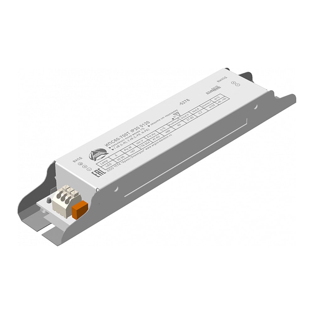 LED-драйвер Argos ИПС60-700Т IP20 0120 АРГОС 60 Вт 85 В 0, 7 А для светодиодных светильников внутреннего освещения, IP20 7396036