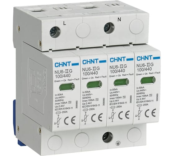 Изображение товара УЗИП CHINT NU6-IIG 3P In=15кА Im=40кА Uc=385B (класс II) (уп. 4 шт.) 252541
