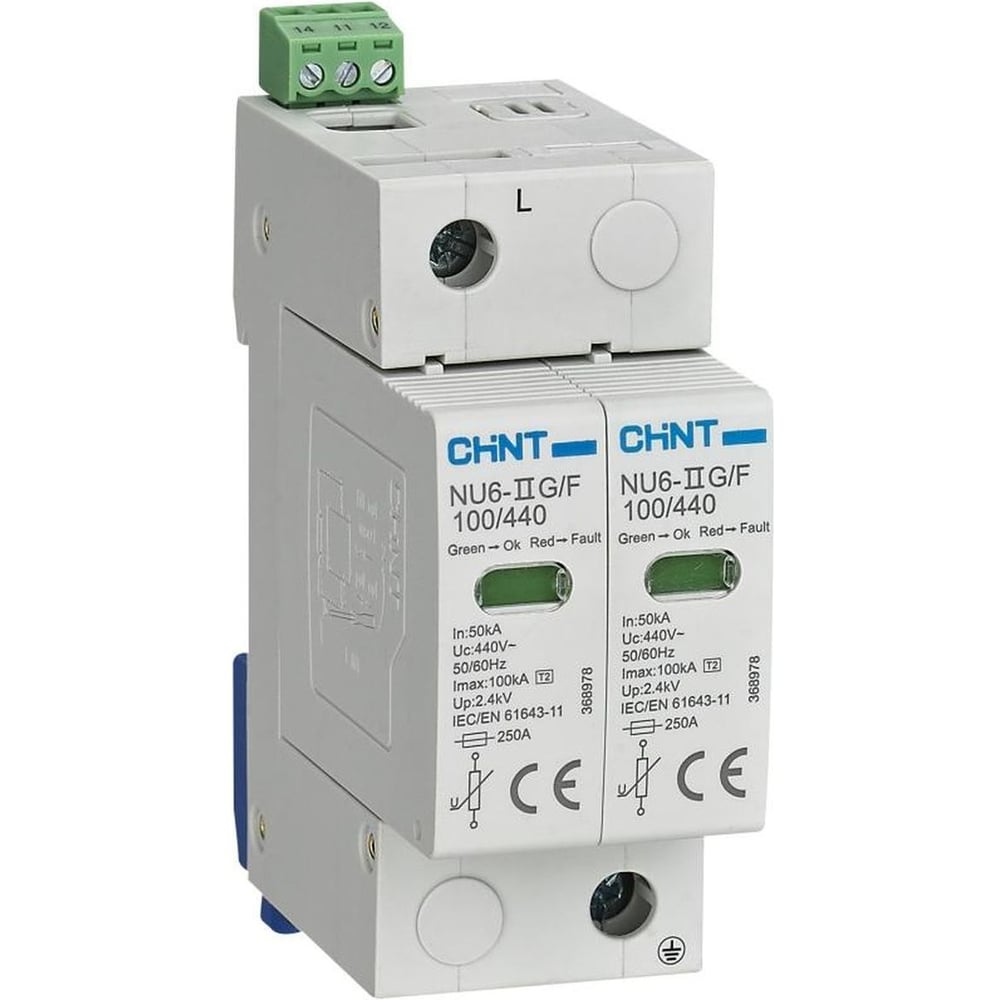 Изображение товара УЗИП CHINT NU6-IIG 1P In=40кА Im=100кА Uc=440B (класс II) (уп. 6 шт.) 368970