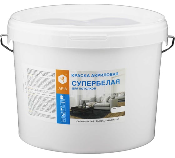 Изображение товара Краска акриловая для потолков APIS супербелая, ведро 14 кг RUK-002-0009