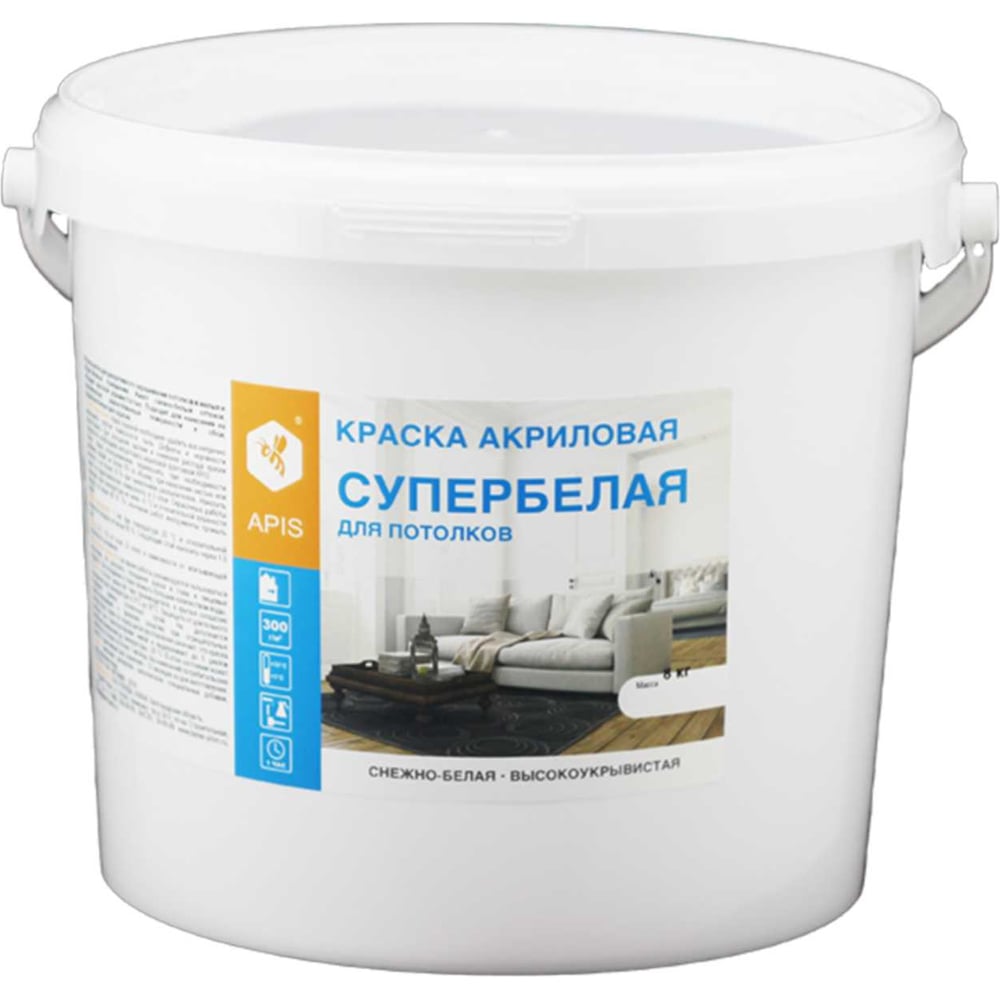 Изображение товара Краска акриловая для потолков APIS супербелая, ведро 7 кг RUK-002-0007