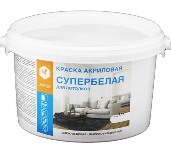 Изображение товара Краска акриловая для потолков APIS супербелая, ведро 3 кг RUK-002-0008