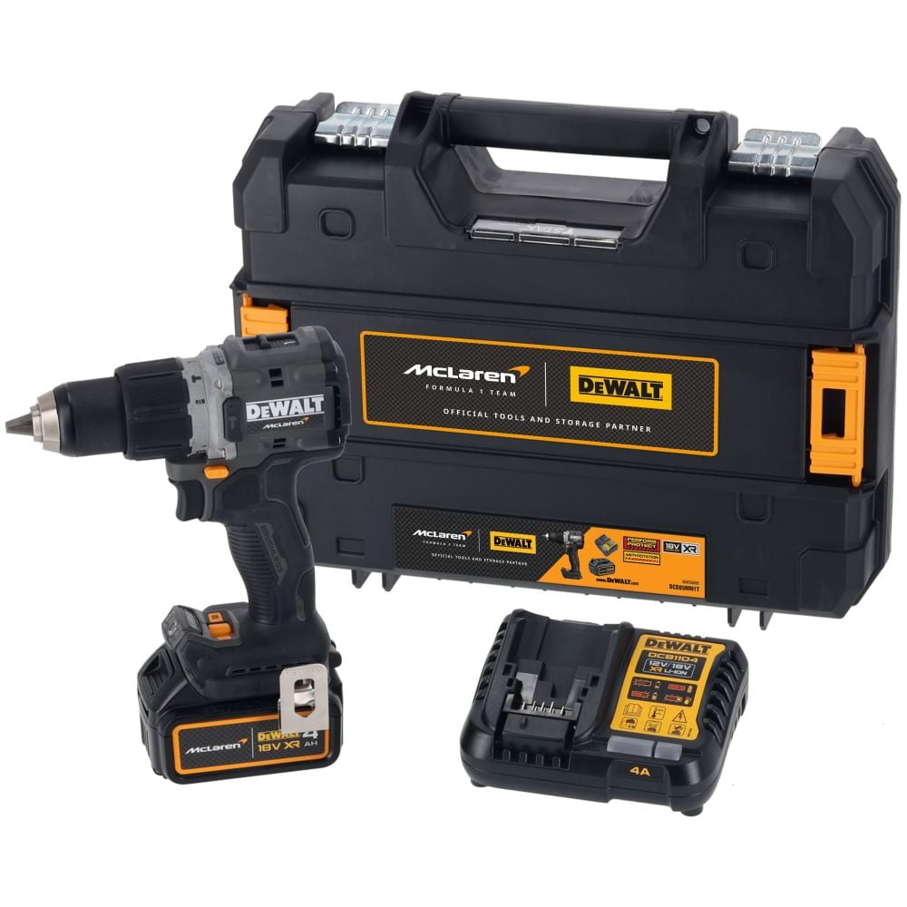 Ударная дрель-шуруповерт DEWALT McLaren Limited Edition DCD85MM2T, 18 В, 2000 об/мин, с АКБ 4 Ач и ЗУ, в кейсе TSTAK DCD85MM1T-QW