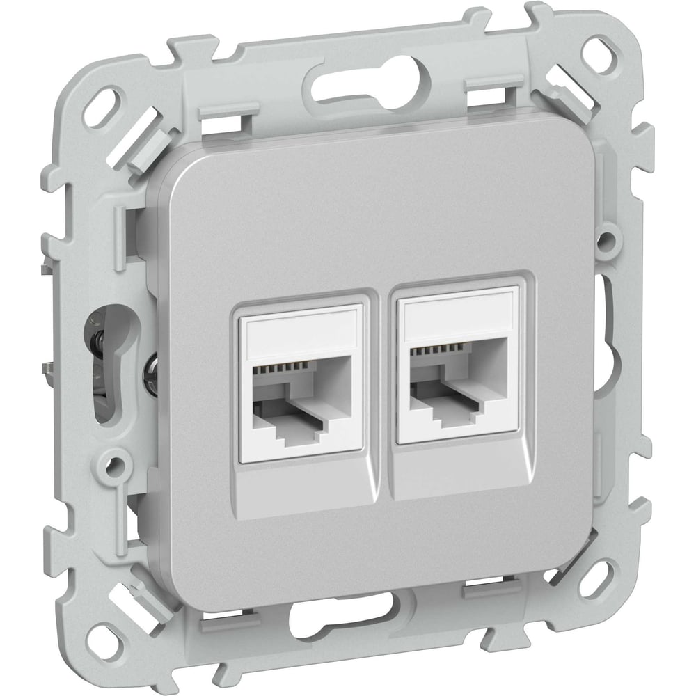 Розетка IEK FLITE 2-местная RJ45/RJ11 категория 6/3 UTP РКТ6/3-2-0-ФлА алюминий FI-KT22-2-K47