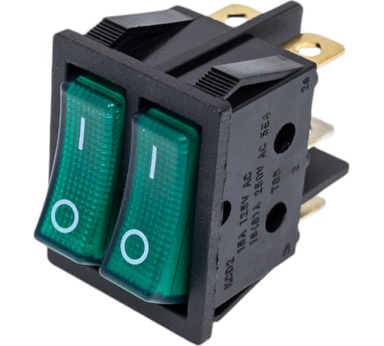 Изображение товара Двойная клавиша Nord-Yada 250V 16А зеленая с подсветкой (6контактов) ON- OFF 905447
