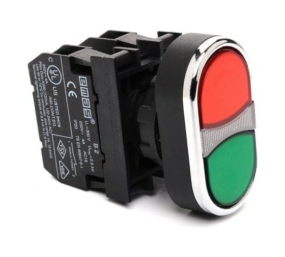 Изображение товара Сдвоенная кнопка Emas красно-зеленая, с красной подсветкой 1НО+1НЗ B162K20KY