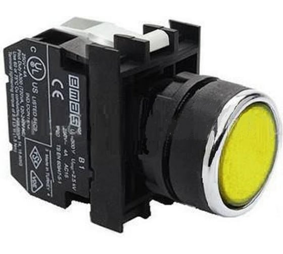 Изображение товара Нажимная кнопка Emas круглая жёлтая, 1НО+1НЗ, серия B, 250 В AC, 4 А, с блоком подсветки B8, жёлтый светодиод, 12-30 В AC/DC, B182DS