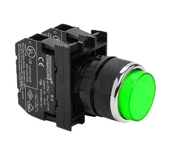 Изображение товара Нажимная кнопка Emas круглая зелёная, выступающая, 1НО+1НЗ, серия B, 250 В AC, 4 А, B102HY