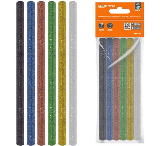 Изображение товара Стержни для клеевого пистолета универсальные цветные с блестками, 11 мм x 100 мм, набор 6 штук, TDM ELECTRIC «Алмаз» SQ1024-0519