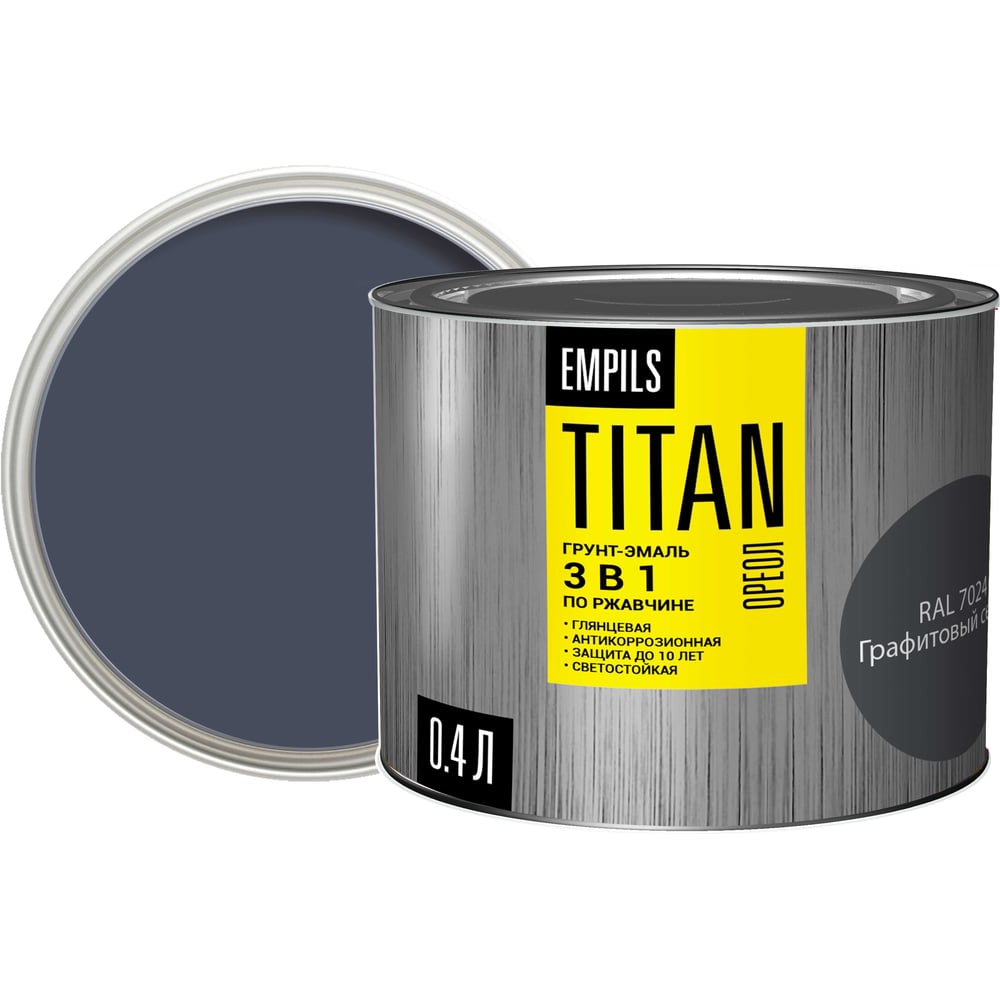 Изображение товара Грунт-эмаль по ржавчине ОРЕОЛ TITAN графитовый серый RAL 7024 0.4 л 0. 89262