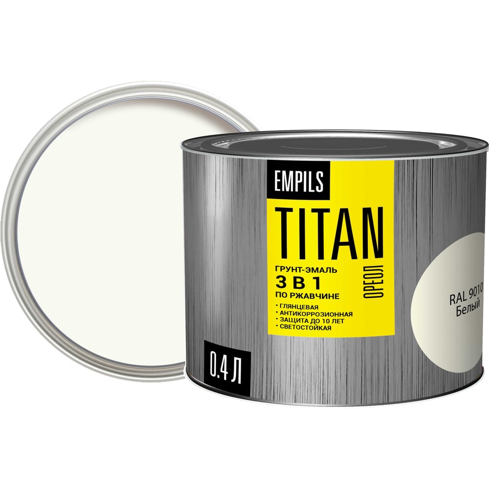 Изображение товара Грунт-эмаль ОРЕОЛ TITAN белый RAL 9010, защита по ржавчине 0.4 л