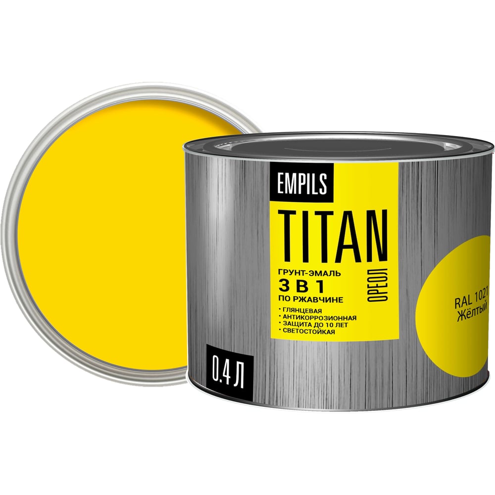 Изображение товара Грунт-эмаль по ржавчине ОРЕОЛ TITAN жёлтый RAL 1021 0.4 л 0.45 кг 89264