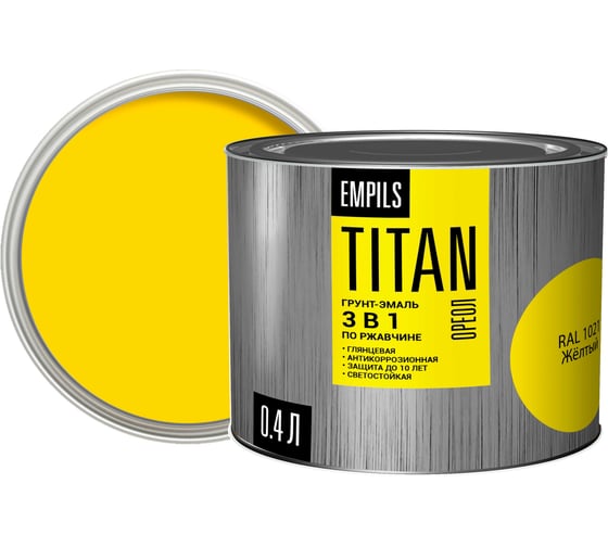 Изображение товара Грунт-эмаль по ржавчине ОРЕОЛ TITAN жёлтый RAL 1021 0.4 л 0.45 кг 89264