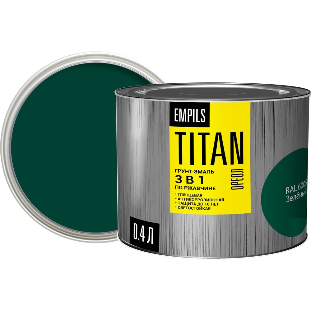 Изображение товара Грунт-эмаль по ржавчине ОРЕОЛ TITAN зеленая RAL 6005 0.4 л