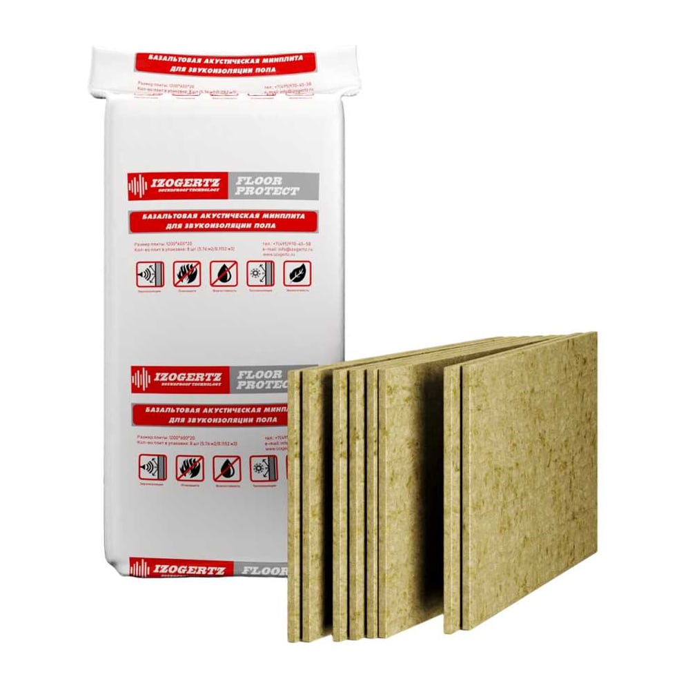 Шумопоглощающая минплита IZOGERTZ Floor Protect (1200x600x20мм) в уп. 8шт. 5,76 м2. пл.115кг/м3 31170010012