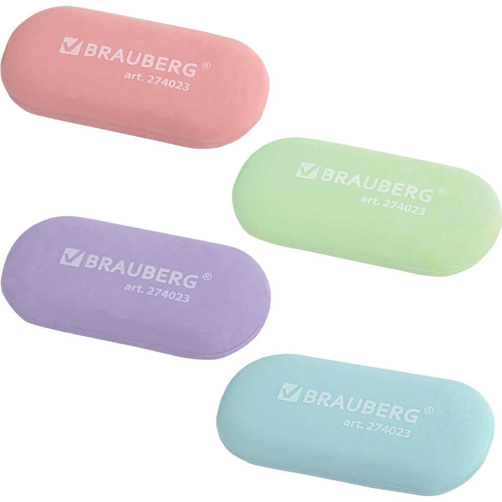 Ластик BRAUBERG PASTEL OVAL, 50×23×10 мм, цвета ассорти, комплект 24 шт., овальный 274023